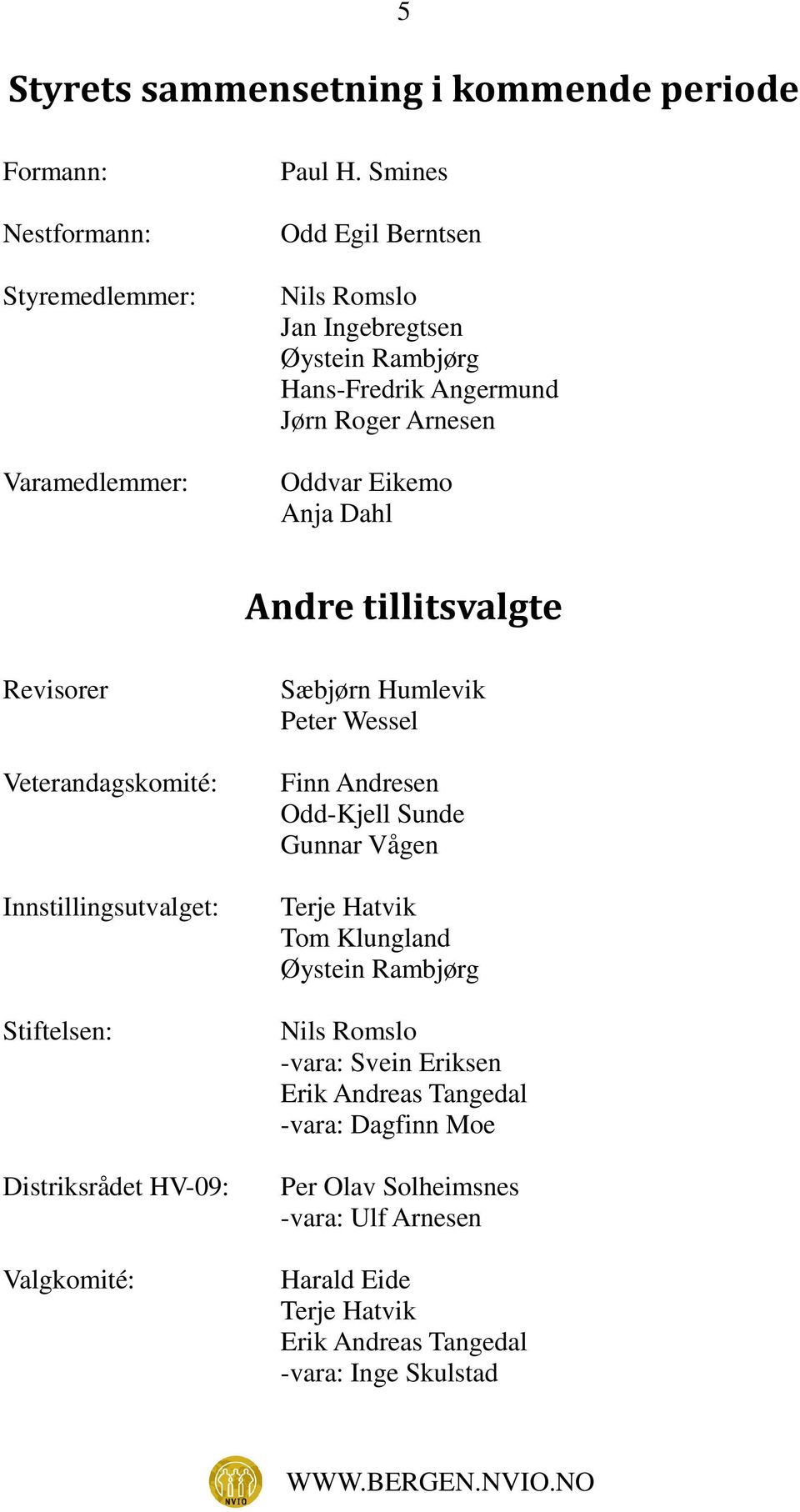 Revisorer Veterandagskomité: Innstillingsutvalget: Stiftelsen: Distriksrådet HV-09: Valgkomité: Sæbjørn Humlevik Peter Wessel Finn Andresen Odd-Kjell Sunde Gunnar