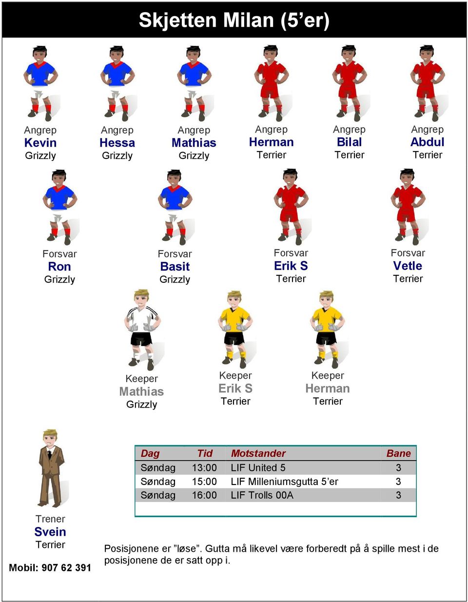 er 3 Søndag 16:00 LIF Trolls 00A 3 Svein Mobil: 907 62 391 Posisjonene er løse.