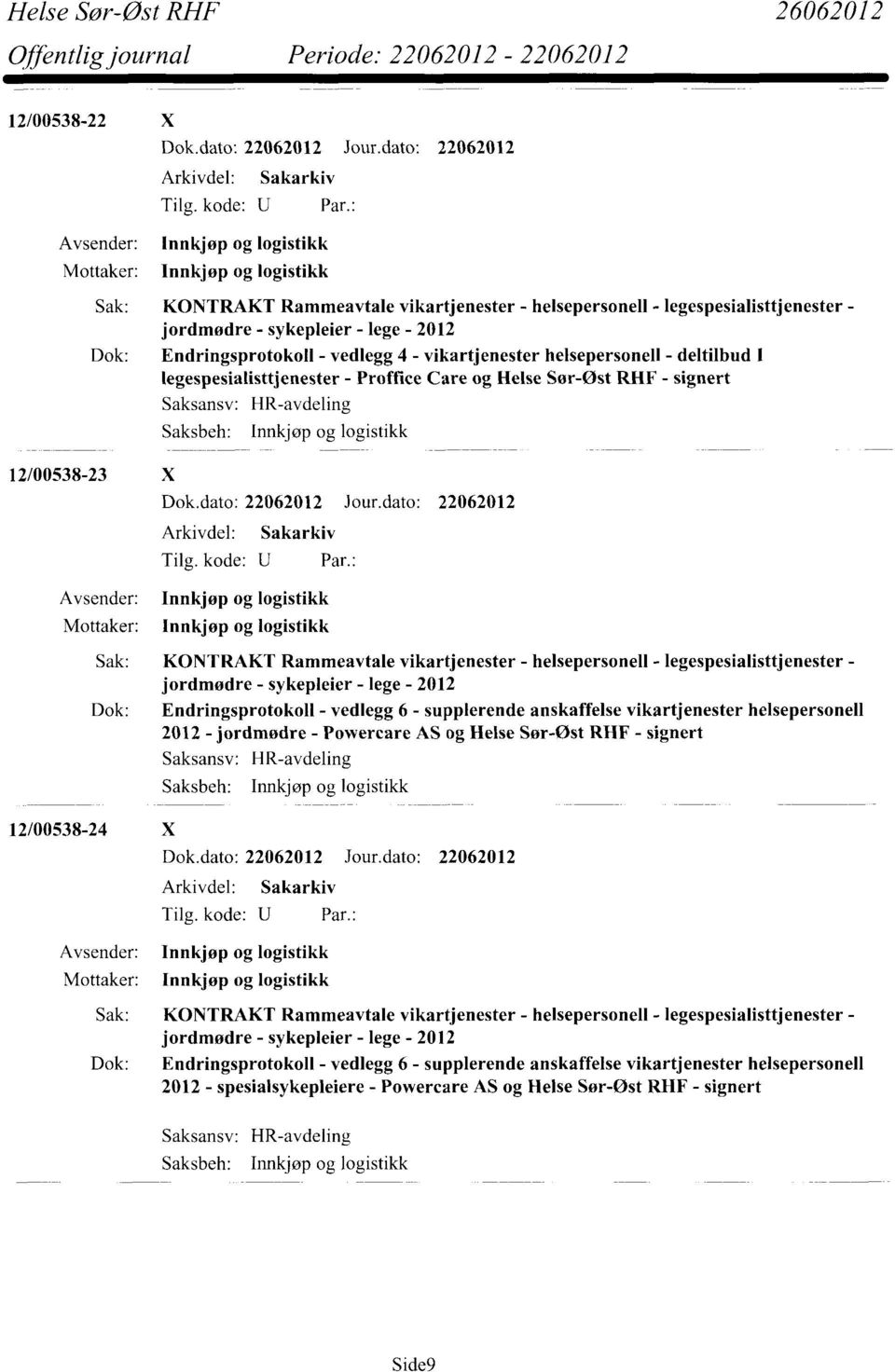 deltilbud I legespesialisttjenester - Proffice Care og Helse Sør-Øst RHF - signert 12/00538-23 X 2012 - jordmødre - Powercare AS og