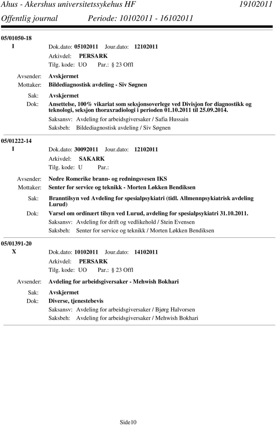 2014. Saksansv: Avdeling for arbeidsgiversaker / Safia Hussain Saksbeh: Bildediagnostisk avdeling / Siv Søgnen 05/01222-14 I Dok.dato: 30092011 Jour.dato: 12102011 Tilg. kode: U Par.