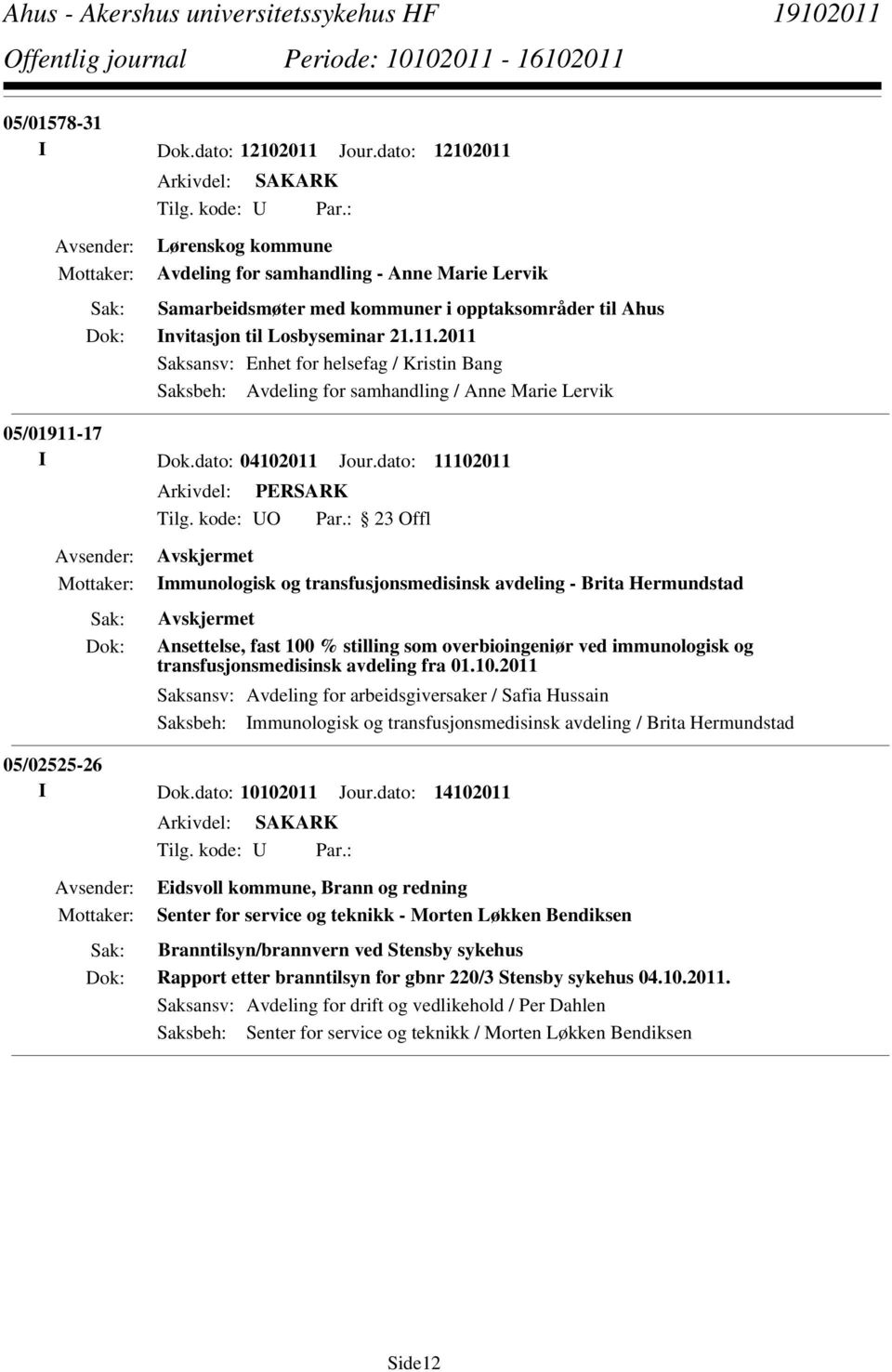 2011 Saksansv: Enhet for helsefag / Kristin Bang Saksbeh: Avdeling for samhandling / Anne Marie Lervik 05/01911-17 I Dok.dato: 04102011 Jour.