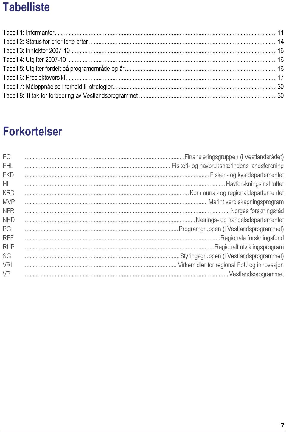 .. 30 Forkortelser FG FHL FKD HI KRD MVP NFR NHD PG RFF RUP SG VRI VP... Finansieringsgruppen (i Vestlandsrådet)... Fiskeri- og havbruksnæringens landsforening... Fiskeri- og kystdepartementet.