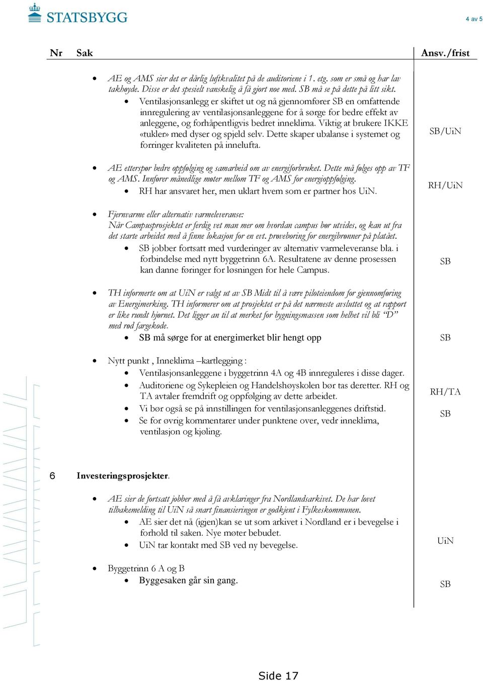 Ventilasjonsanlegg er skiftet ut og nå gjennomfører SB en omfattende innregulering av ventilasjonsanleggene for å sørge for bedre effekt av anleggene, og forhåpentligvis bedret inneklima.