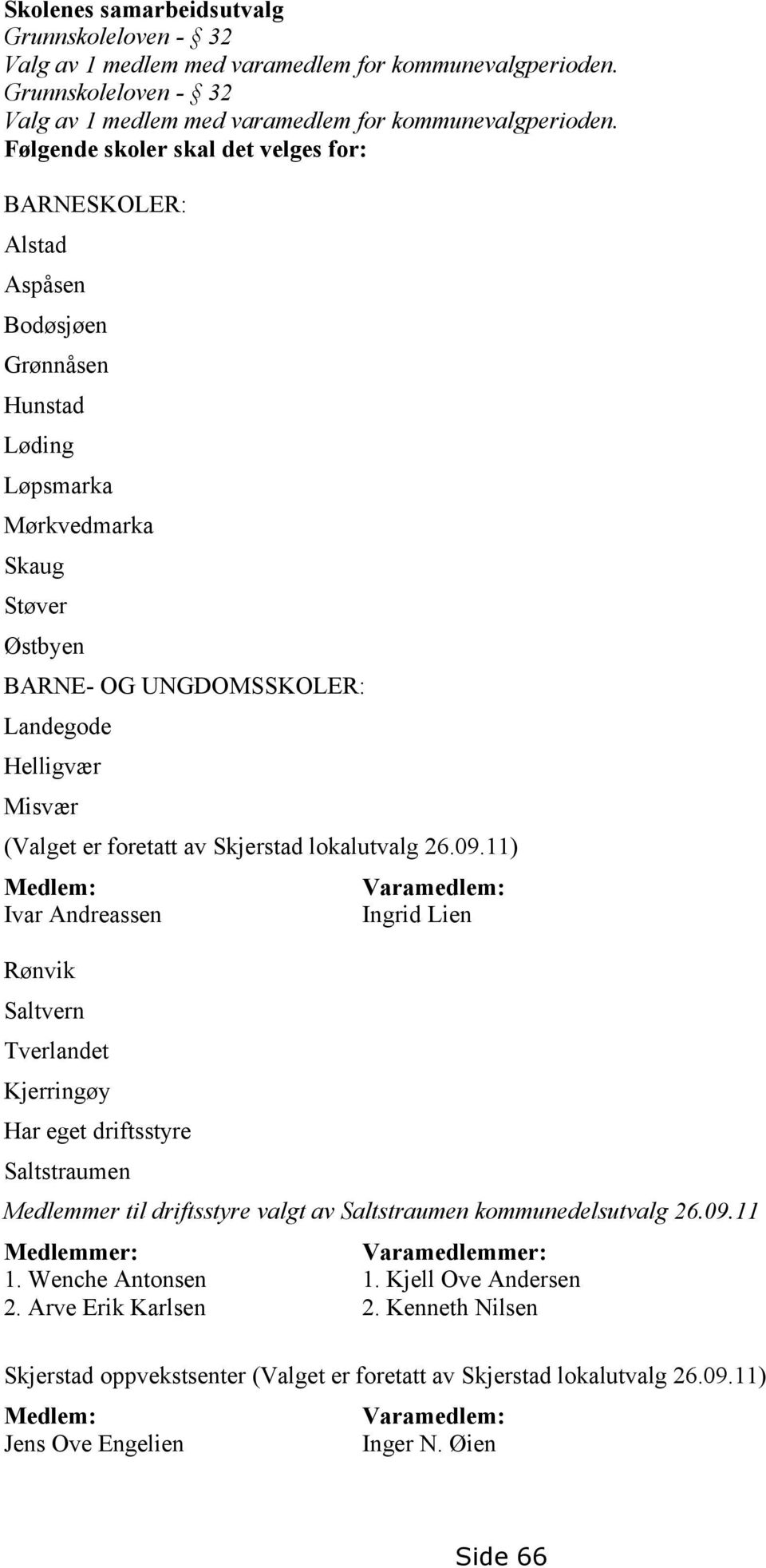 Følgende skoler skal det velges for: BARNESKOLER: Alstad Aspåsen Bodøsjøen Grønnåsen Hunstad Løding Løpsmarka Mørkvedmarka Skaug Støver Østbyen BARNE- OG UNGDOMSSKOLER: Landegode Helligvær Misvær