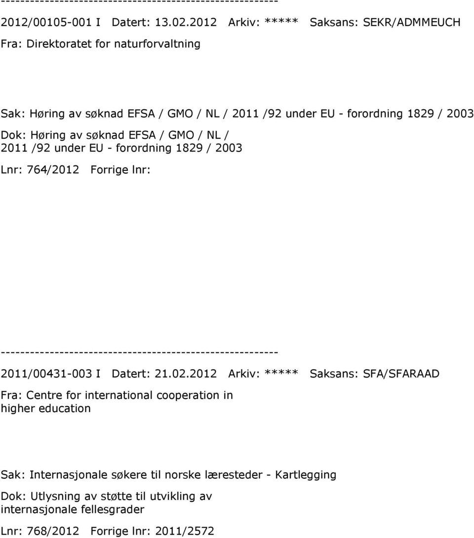1829 / 2003 Dok: Høring av søknad EFSA / GMO / NL / 2011 /92 under EU - forordning 1829 / 2003 Lnr: 764/2012 Forrige lnr: 2011/00431-003 I Datert: 21.