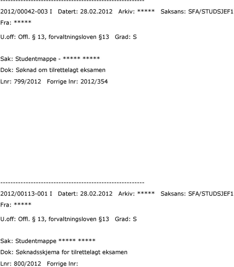 Søknad om tilrettelagt eksamen Lnr: 799/2012 Forrige lnr: 2012/354 2012/00113-001 I Datert: