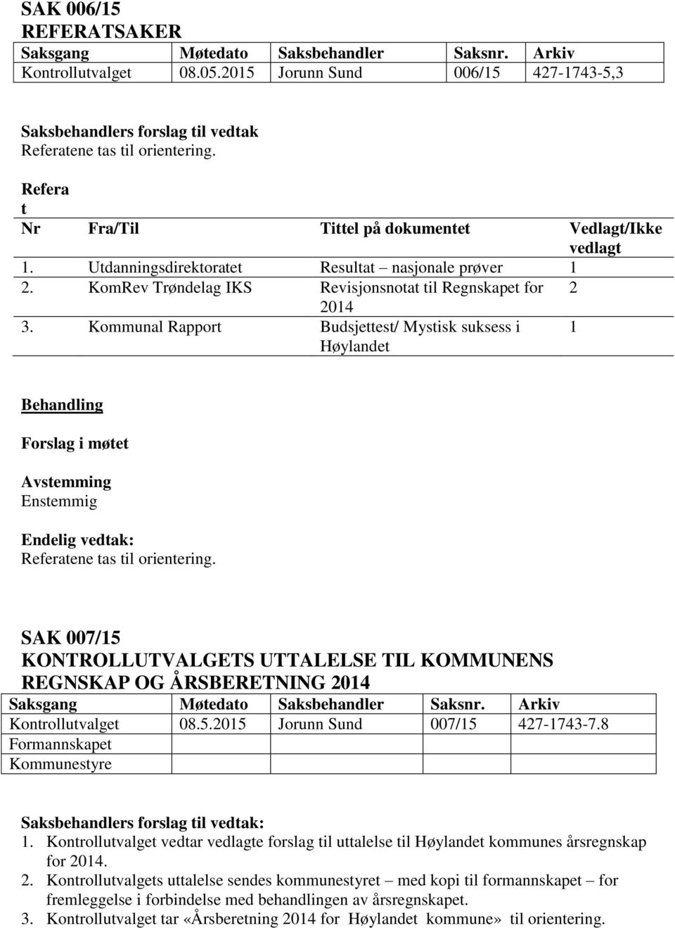 Kommunal Rapport Budsjettest/ Mystisk suksess i Høylandet 1 Behandling Referatene tas til orientering.