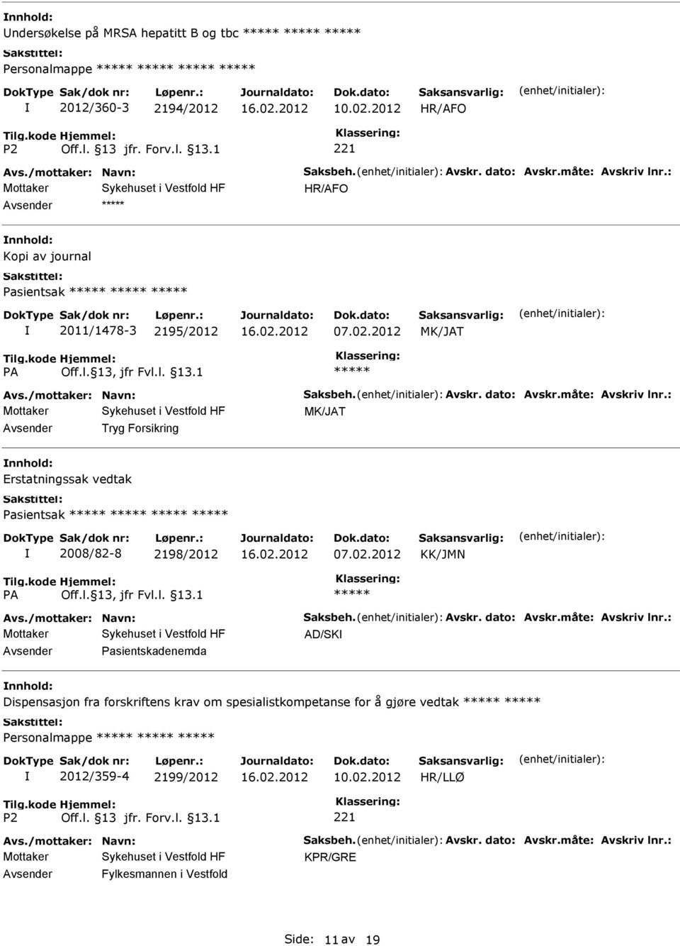 : MK/JAT Tryg Forsikring nnhold: Erstatningssak vedtak Pasientsak 2008/82-8 2198/2012 07.02.2012 KK/JMN Avs./mottaker: Navn: Saksbeh. Avskr. dato: Avskr.måte: Avskriv lnr.