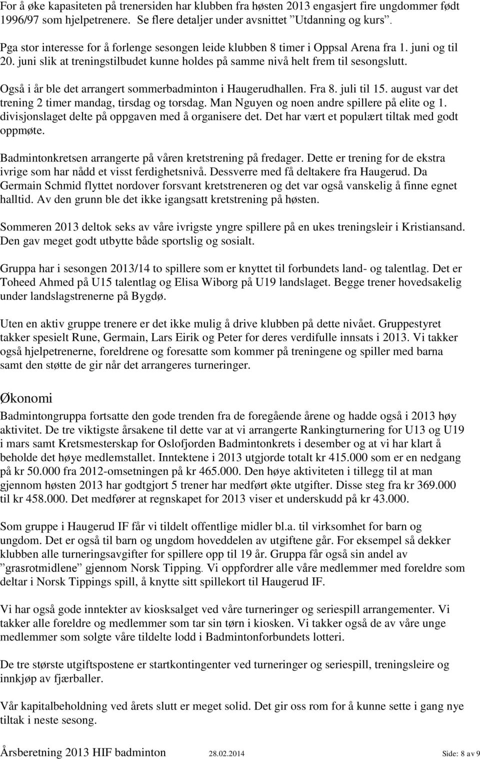 Også i år ble det arrangert sommerbadminton i Haugerudhallen. Fra 8. juli til 15. august var det trening 2 timer mandag, tirsdag og torsdag. Man Nguyen og noen andre spillere på elite og 1.