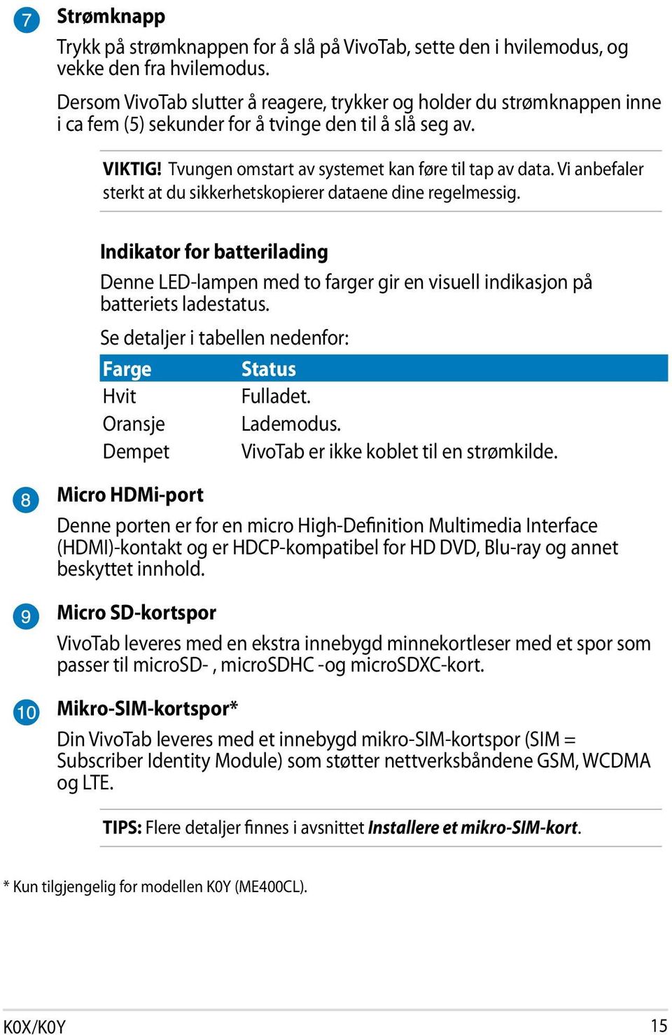 Vi anbefaler sterkt at du sikkerhetskopierer dataene dine regelmessig. Indikator for batterilading Denne LED-lampen med to farger gir en visuell indikasjon på batteriets ladestatus.