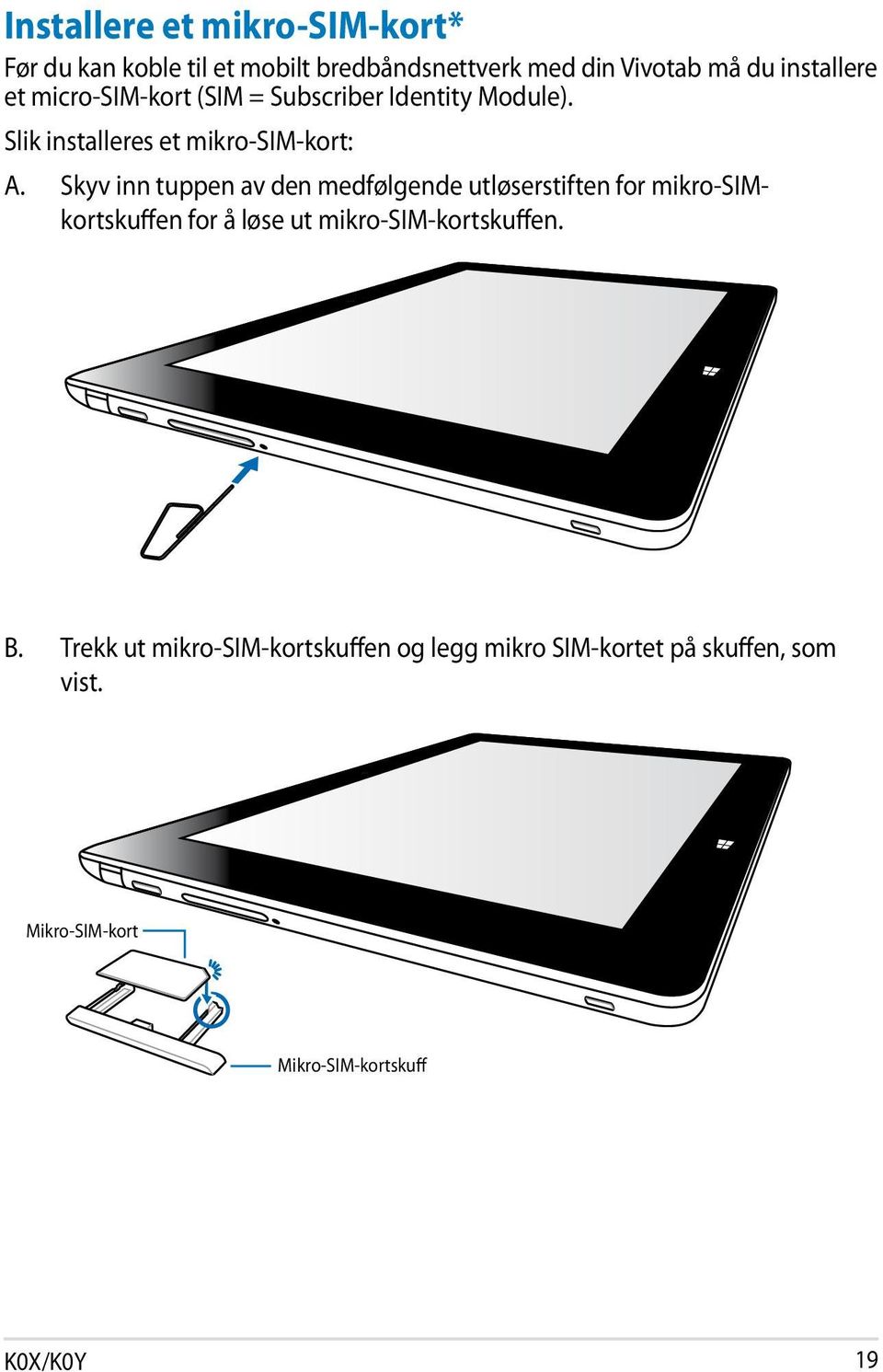 Skyv inn tuppen av den medfølgende utløserstiften for mikro-simkortskuffen for å løse ut mikro-sim-kortskuffen.