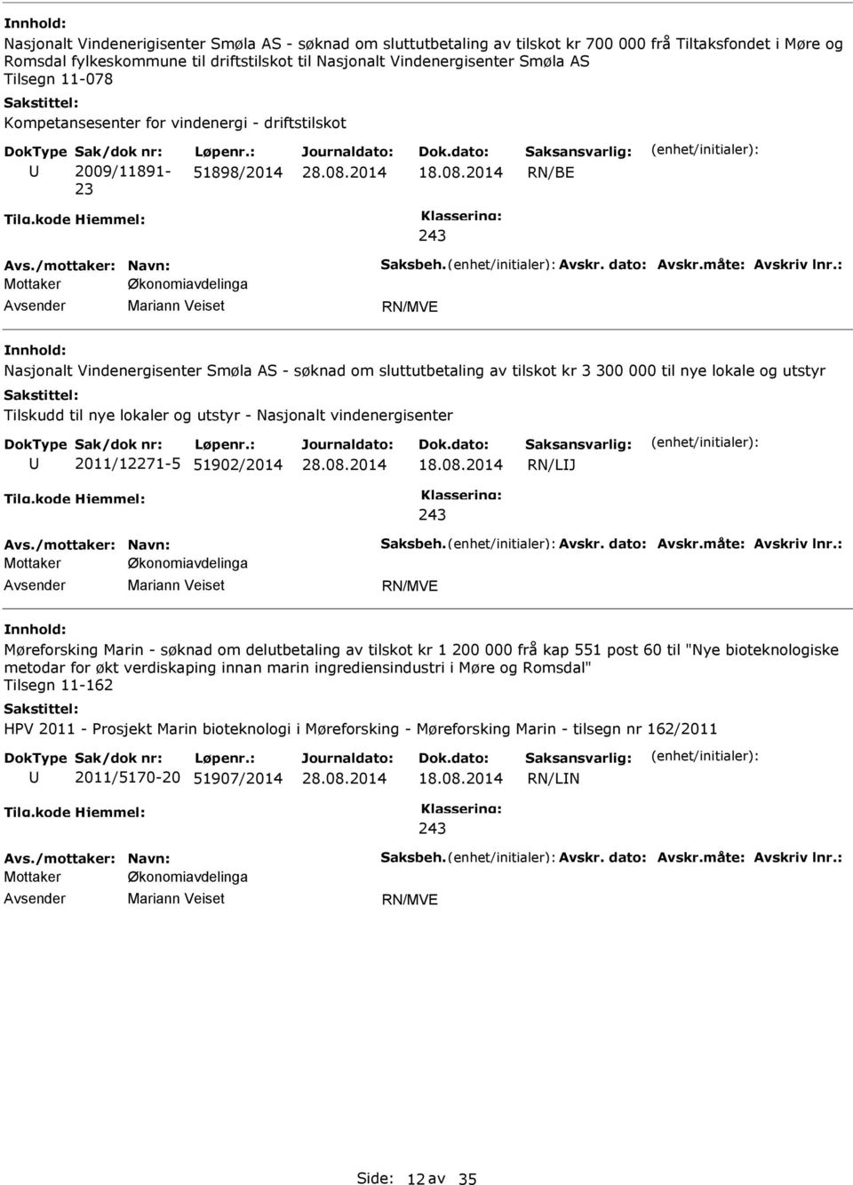 2014 RN/BE 243 Mottaker Økonomiavdelinga Mariann Veiset RN/MVE Nasjonalt Vindenergisenter Smøla AS - søknad om sluttutbetaling av tilskot kr 3 300 000 til nye lokale og utstyr Tilskudd til nye