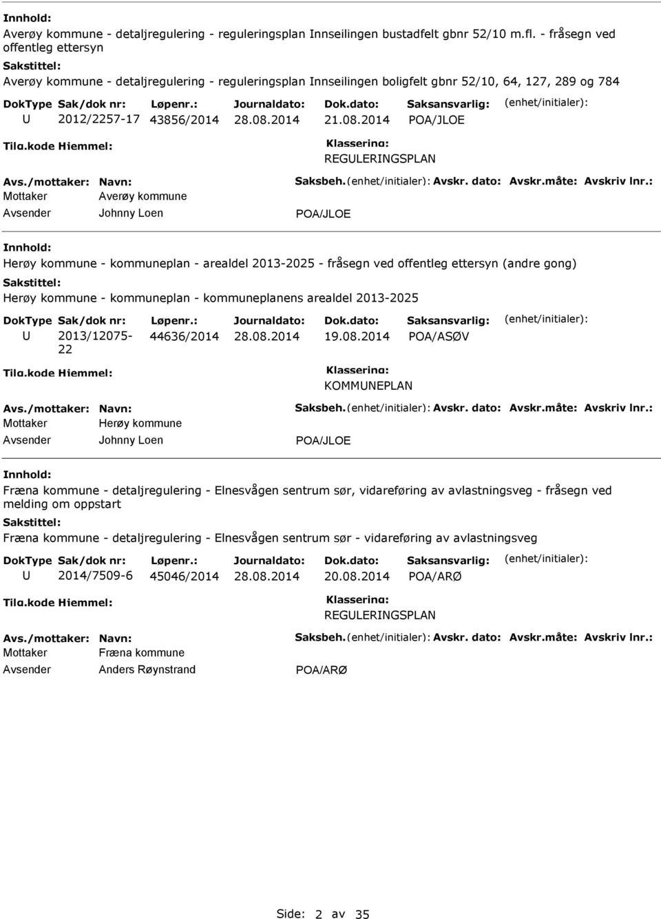 2014 REGLERNGSPLAN Mottaker Averøy kommune Johnny Loen Herøy kommune - kommuneplan - arealdel 2013-2025 - fråsegn ved offentleg ettersyn (andre gong) Herøy kommune - kommuneplan - kommuneplanens