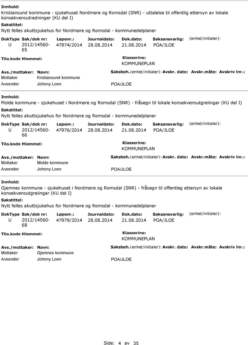 2014 KOMMNEPLAN Mottaker Kristiansund kommune Johnny Loen Molde kommune - sjukehuset i Nordmøre og Romsdal (SNR) - fråsegn til lokale konsekvensutgreiingar (K del ) Nytt felles akuttsjukehus for