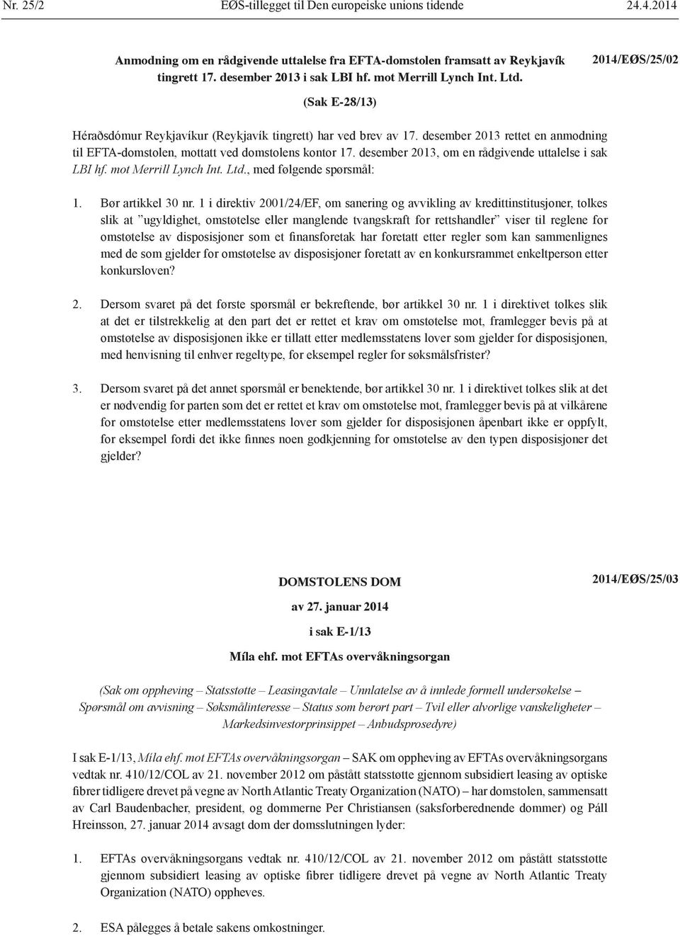 desember 2013, om en rådgivende uttalelse i sak LBI hf. mot Merrill Lynch Int. Ltd., med følgende spørsmål: 1. Bør artikkel 30 nr.