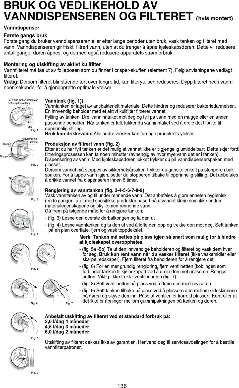 Montering og utskifting av aktivt kullfilter Vannfilteret må tas ut av folieposen som du finner i crisper-skuffen (element 7). Følg anvisningene vedlagt filteret.