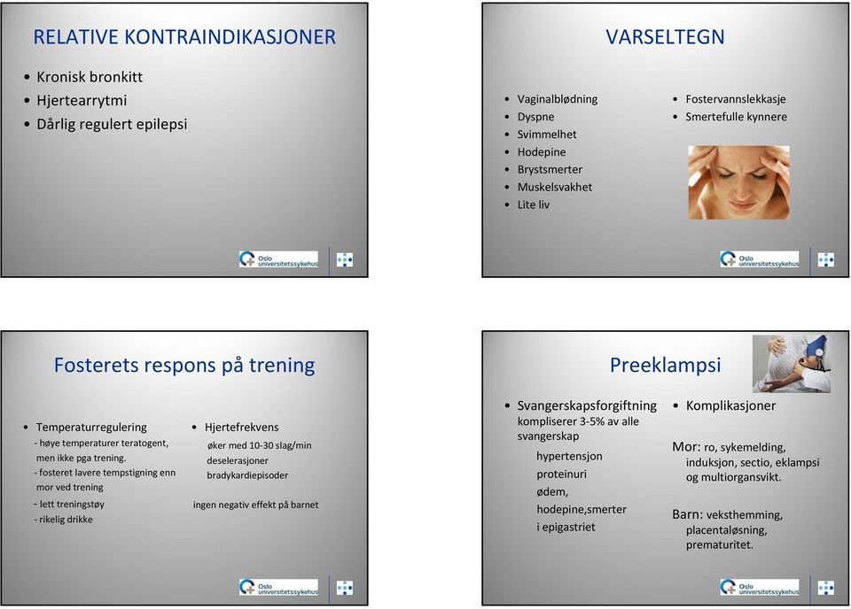 fosteret lavere tempstigning enn mor ved trening lett treningstøy rikelig drikke Hjertefrekvens øker med 10 30 slag/min deselerasjoner bradykardiepisoder ingen negativ effekt på barnet