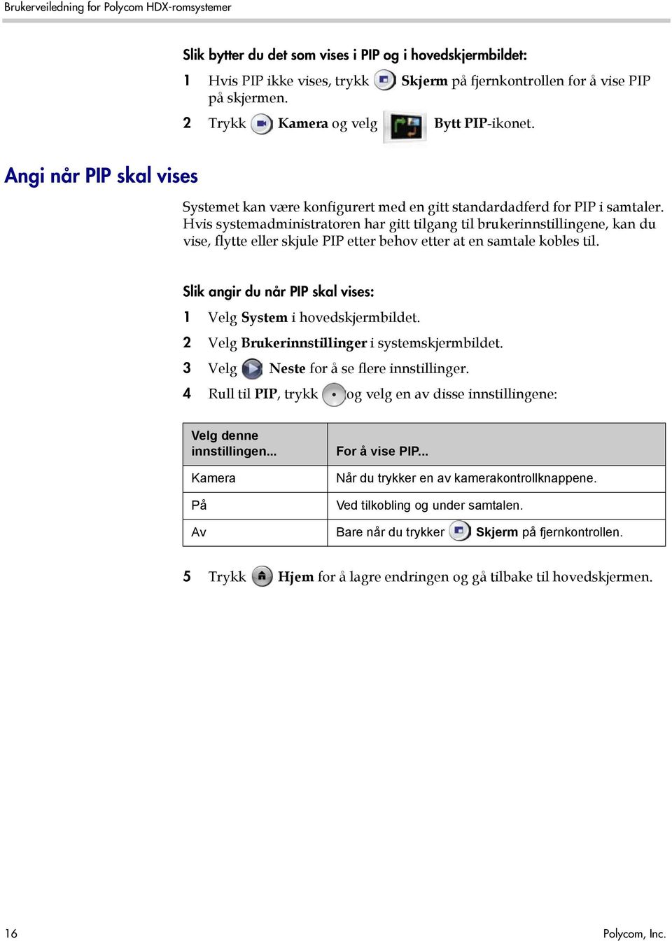 Hvis systemadministratoren har gitt tilgang til brukerinnstillingene, kan du vise, flytte eller skjule PIP etter behov etter at en samtale kobles til.