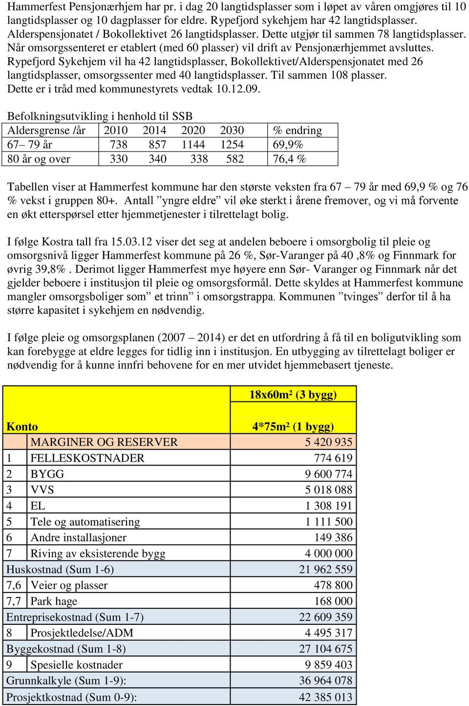 Rypefjord Sykehjem vil ha 42 langtidsplasser, Bokollektivet/Alderspensjonatet med 26 langtidsplasser, omsorgssenter med 40 langtidsplasser. Til sammen 108 plasser.