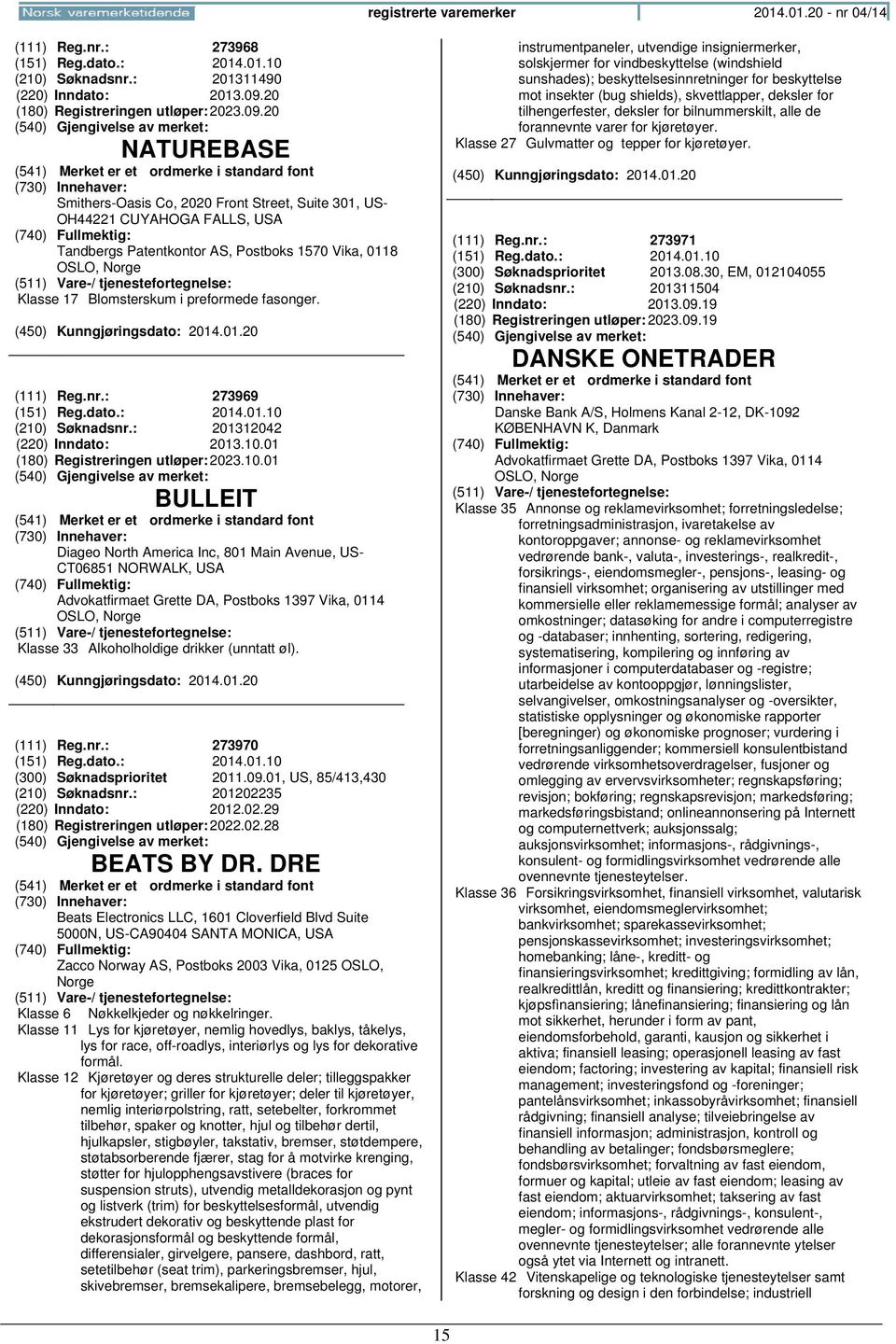 20 NATUREBASE Smithers-Oasis Co, 2020 Front Street, Suite 301, US- OH44221 CUYAHOGA FALLS, USA Tandbergs Patentkontor AS, Postboks 1570 Vika, 0118 OSLO, Klasse 17 Blomsterskum i preformede fasonger.