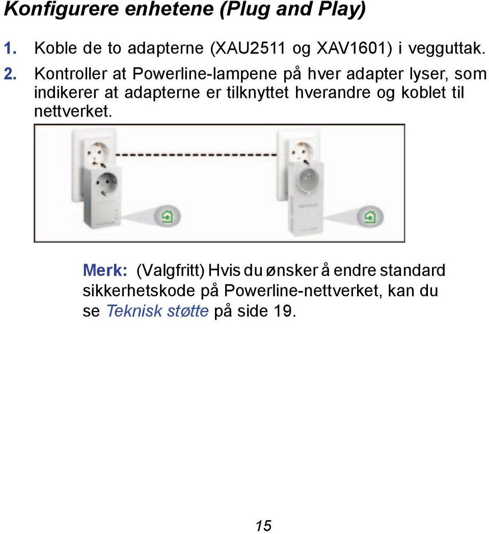 Kontroller at Powerline-lampene på hver adapter lyser, som indikerer at adapterne er