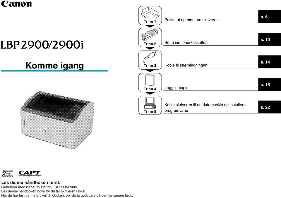 15 5 Koble skriveren til en datamaskin og installere programvaren s. 22 Les denne håndboken først.