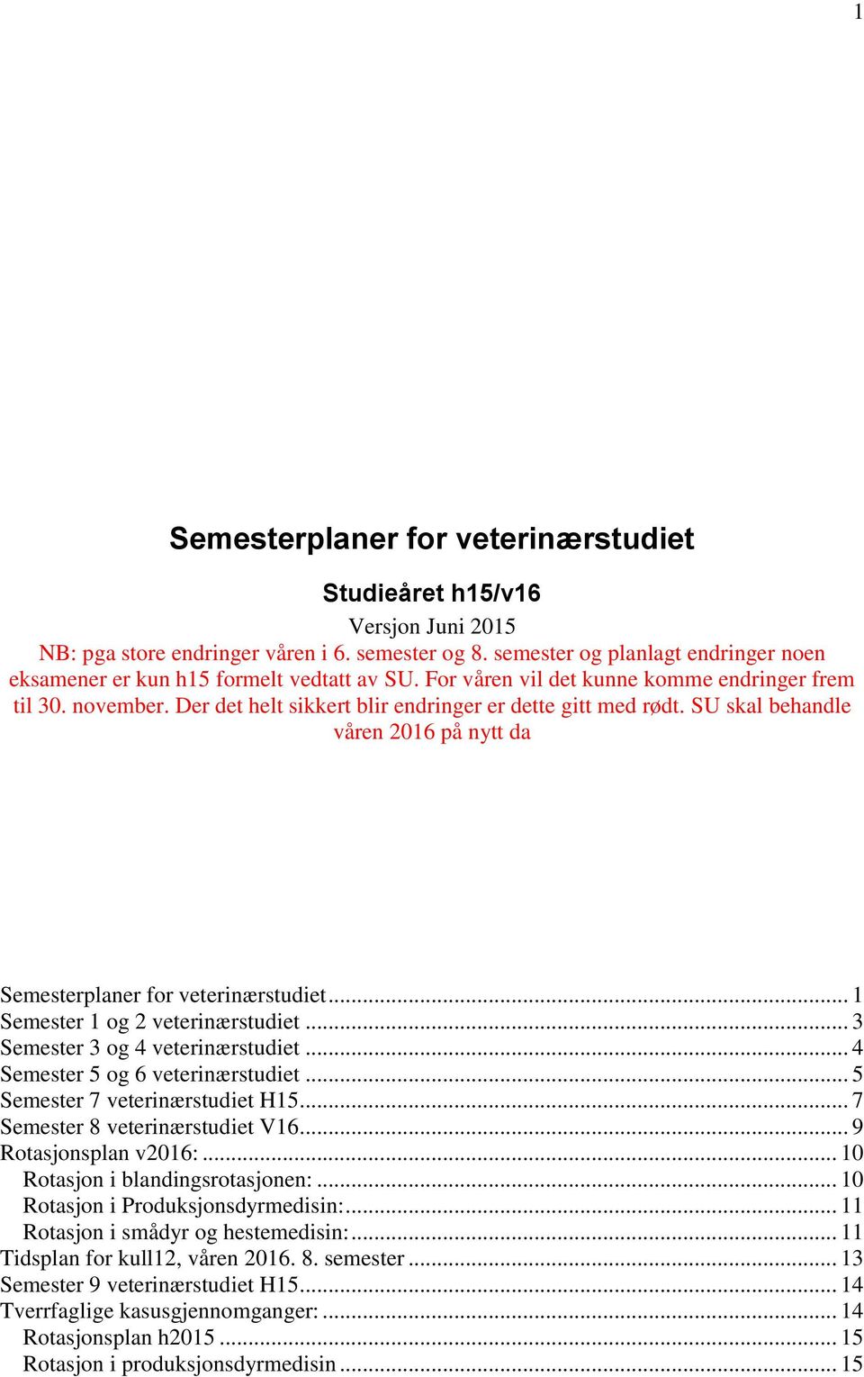 Der det helt sikkert blir endringer er dette gitt med rødt. SU skal behandle våren 2016 på nytt da Semesterplaner for veterinærstudiet... 1 Semester 1 og 2 veterinærstudiet.