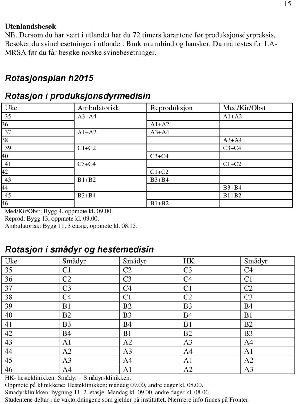 Rotasjonsplan h2015 Rotasjon i produksjonsdyrmedisin Uke Ambulatorisk Reproduksjon Med/Kir/Obst 35 A3+A4 A1+A2 36 A1+A2 37 A1+A2 A3+A4 38 A3+A4 39 C1+C2 C3+C4 40 C3+C4 41 C3+C4 C1+C2 42 C1+C2 43