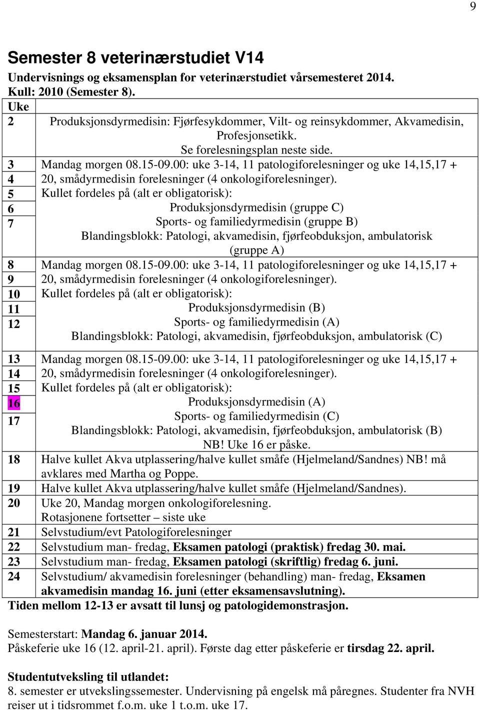 00: uke 3-14, 11 patologiforelesninger og uke 14,15,17 + 4 20, smådyrmedisin forelesninger (4 onkologiforelesninger).