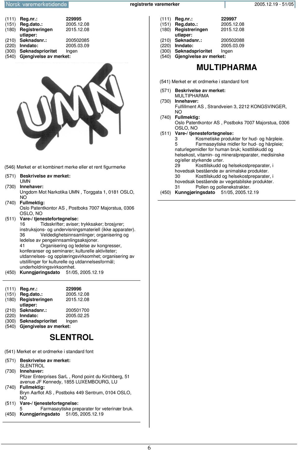 09 MULTIPHARMA UMN Ungdom Mot Narkotika UMN, Torggata 1, 0181 OSLO, Oslo Patentkontor AS, Postboks 7007 Majorstua, 0306 OSLO, 16 Tidsskrifter; aviser; trykksaker; brosjyrer; instruksjons- og