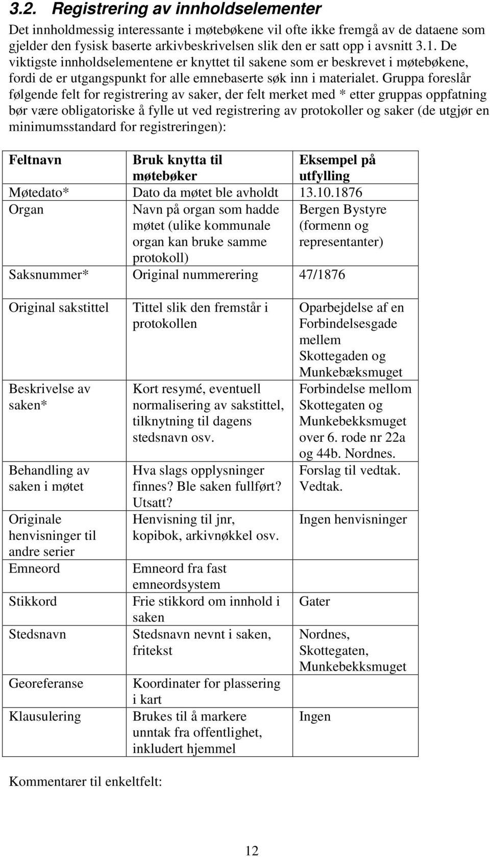 Gruppa foreslår følgende felt for registrering av saker, der felt merket med * etter gruppas oppfatning bør være obligatoriske å fylle ut ved registrering av protokoller og saker (de utgjør en