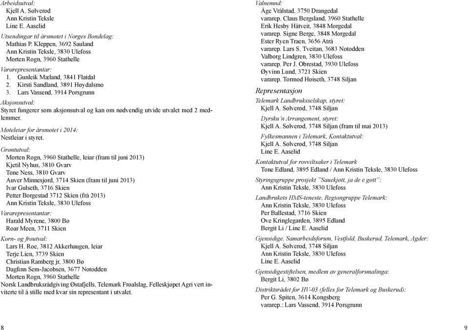 Lars Vassend, 3914 Porsgrunn Aksjonsutval: Styret fungerer som aksjonsutval og kan om nødvendig utvide utvalet med 2 medlemmer. Møteleiar for årsmøtet i 2014: Nestleiar i styret.