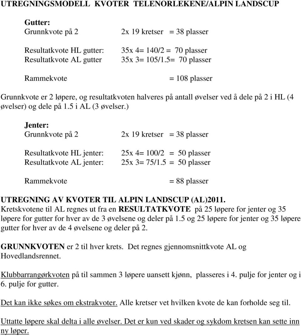 ) Jenter: Grunnkvote på 2 Resultatkvote HL jenter: Resultatkvote AL jenter: Rammekvote 2x 19 kretser = 38 plasser 25x 4= 100/2 = 50 plasser 25x 3= 75/1.