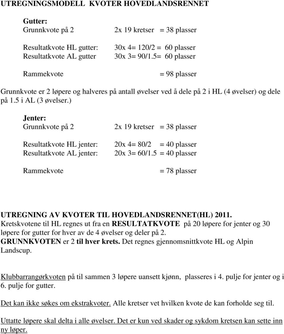 ) Jenter: Grunnkvote på 2 2x 19 kretser = 38 plasser Resultatkvote HL jenter: 20x 4= 80/2 = 40 plasser Resultatkvote AL jenter: 20x 3= 60/1.