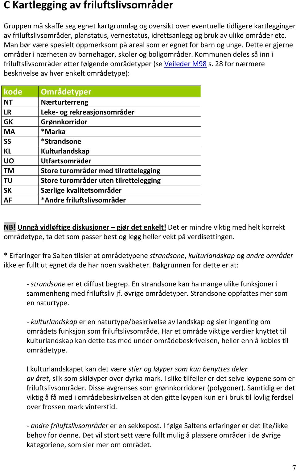 Kommunen deles så inn i friluftslivsområder etter følgende områdetyper (se Veileder M98 s.