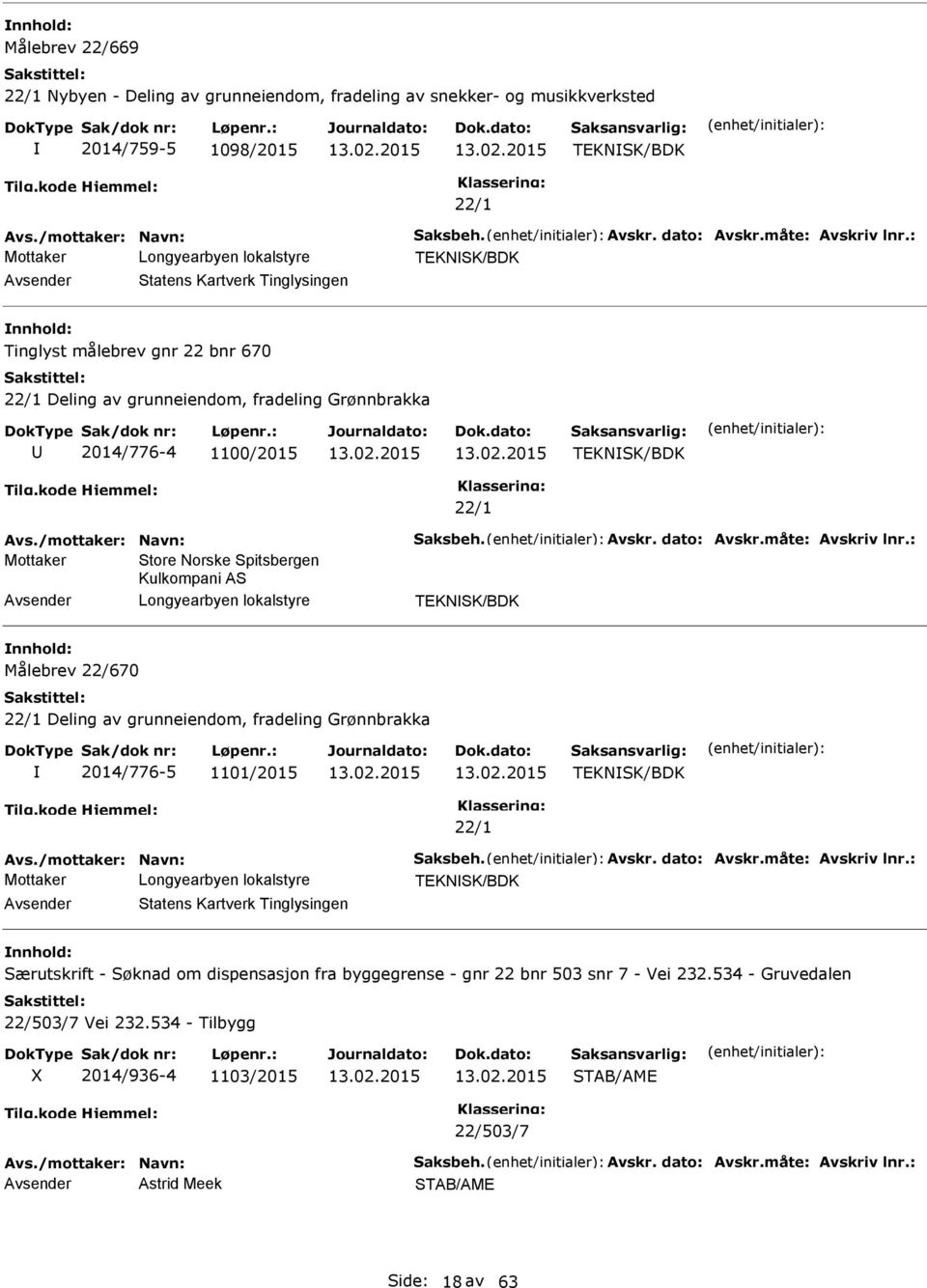 TEKNSK/BDK Målebrev 22/670 22/1 Deling av grunneiendom, fradeling Grønnbrakka 2014/776-5 1101/2015 TEKNSK/BDK 22/1 TEKNSK/BDK Statens Kartverk Tinglysingen Særutskrift -