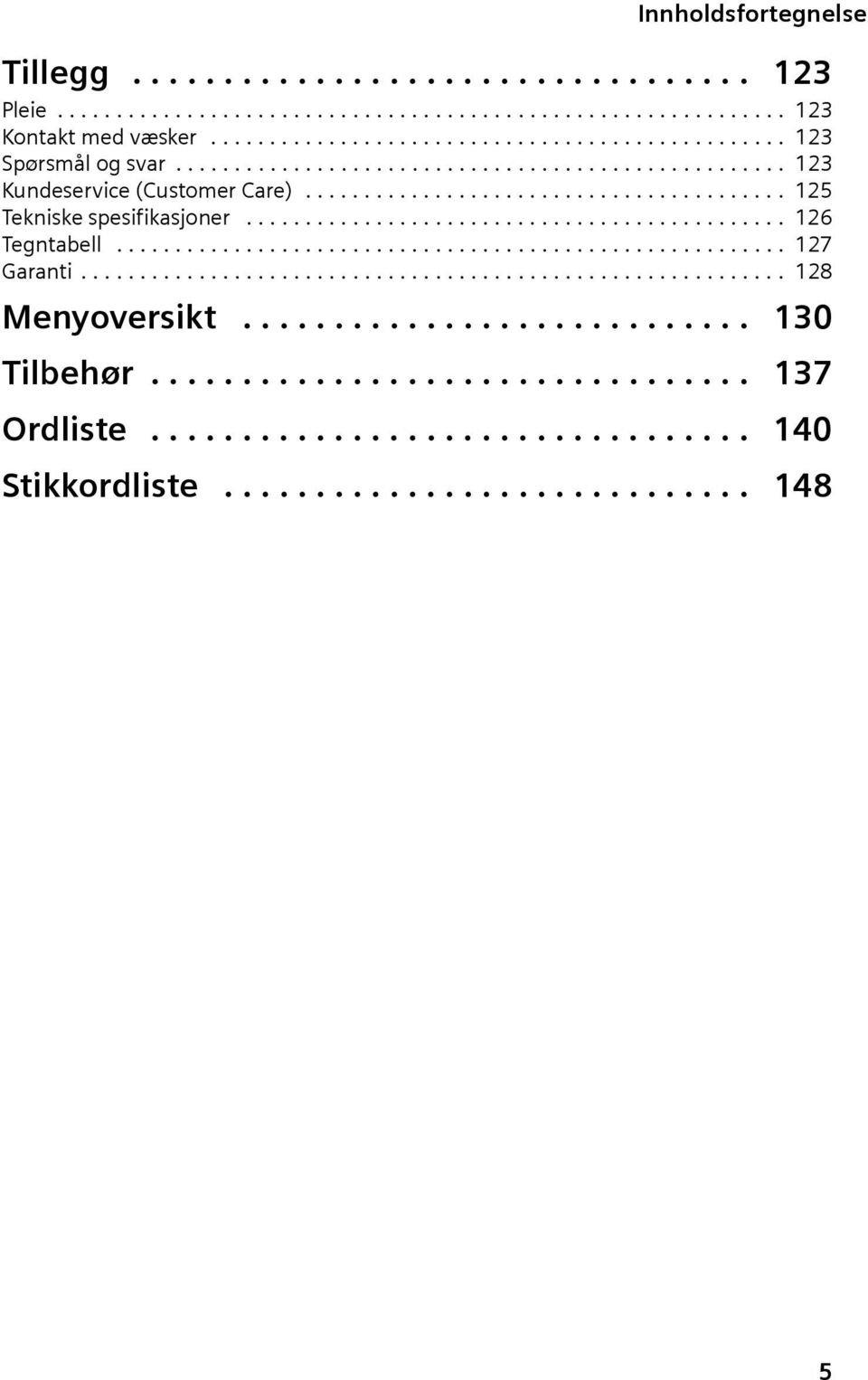 ........................................................ 127 Garant............................................................ 128 Menyoverskt............................ 130 Tlbehør.