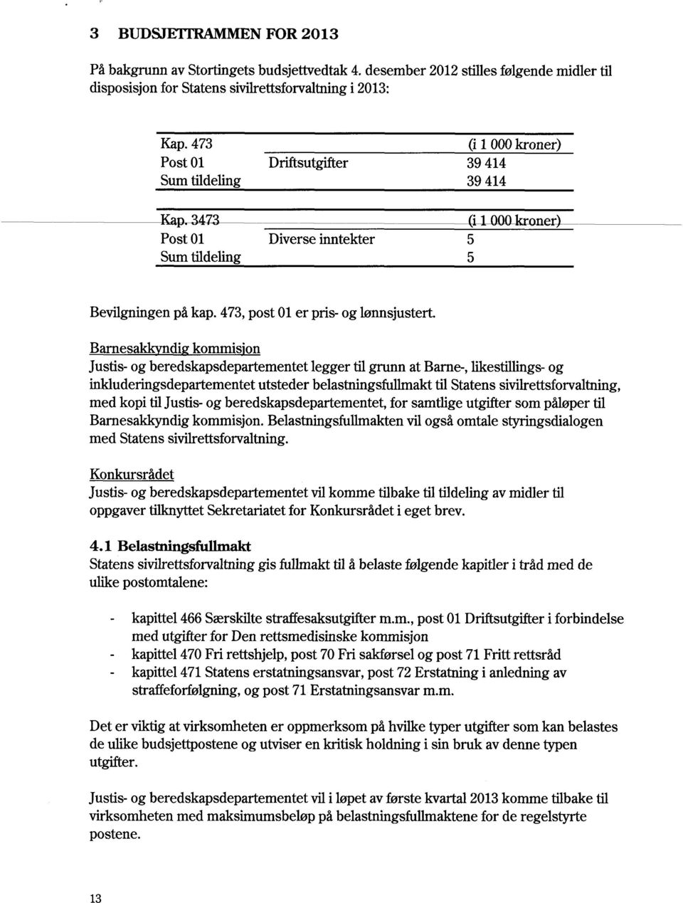 Barnesa di kommis'on Justis- og beredskapsdepartementet legger til grunn at Barne-, likestillings- og inkluderingsdepartementet utsteder belastningsfullmakt til Statens sivilrettsforvaltning, med