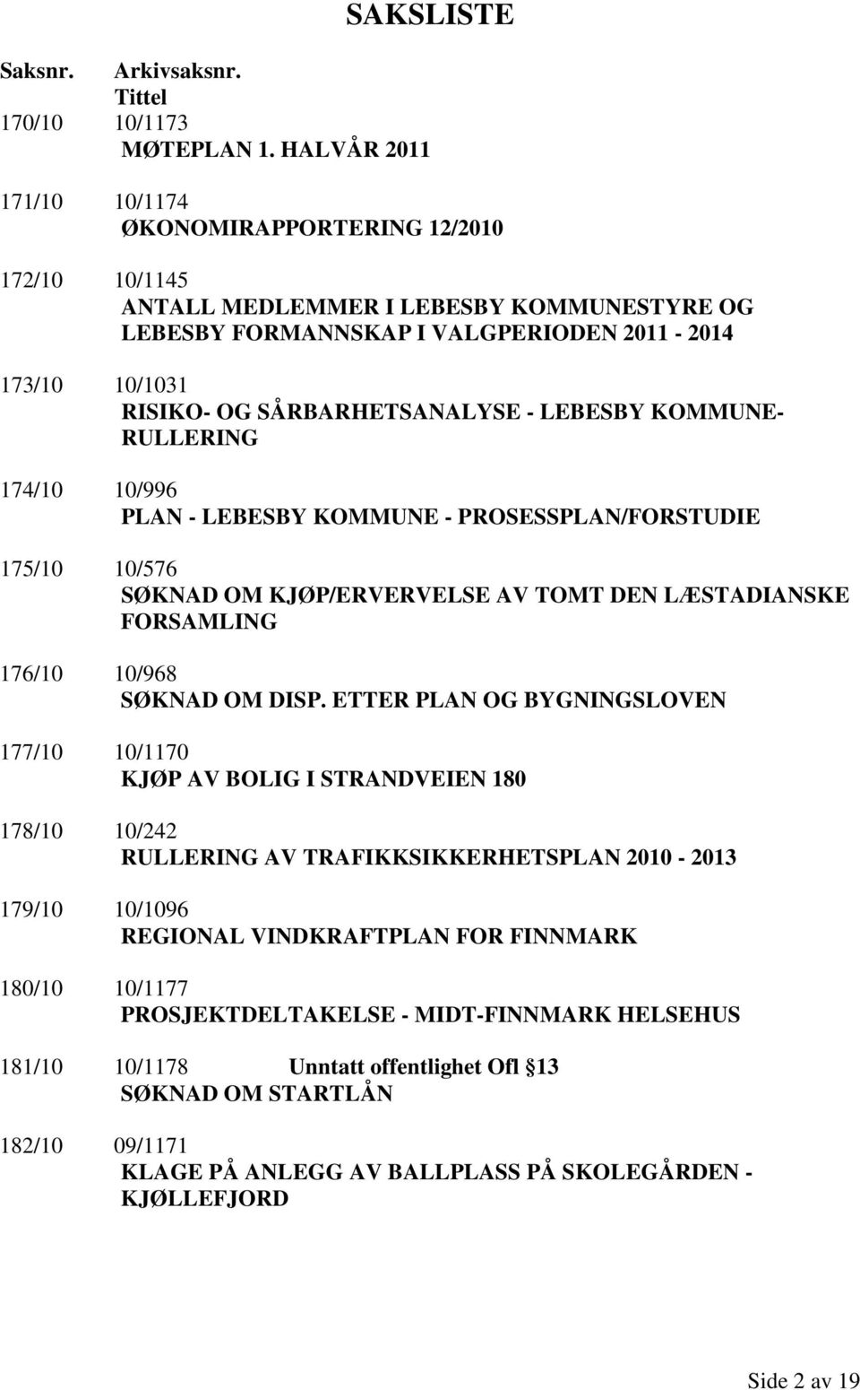 SÅRBARHETSANALYSE - LEBESBY KOMMUNE- RULLERING 174/10 10/996 PLAN - LEBESBY KOMMUNE - PROSESSPLAN/FORSTUDIE 175/10 10/576 SØKNAD OM KJØP/ERVERVELSE AV TOMT DEN LÆSTADIANSKE FORSAMLING 176/10 10/968