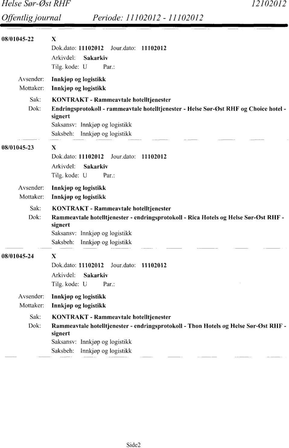 Rammeavtale hotelltjenester - endringsprotokoll - Rica Ilotels og Helse Sør-Øst RHF - signert Arkivdel: Sakarkiv Sak: KONTRAKT -