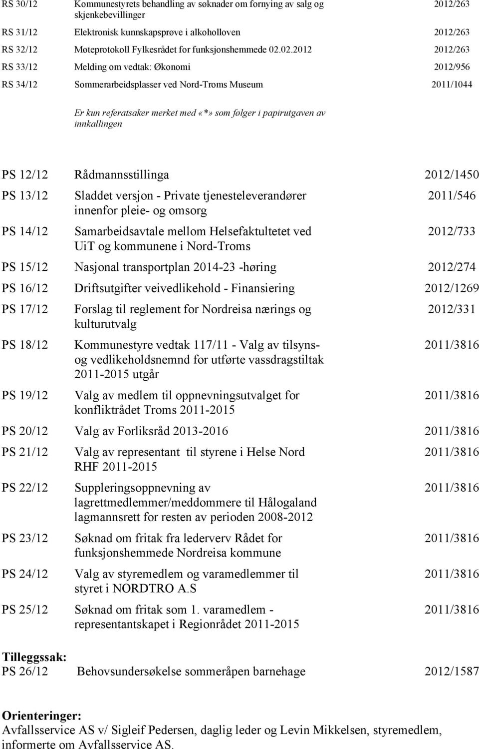 02.2012 2012/263 RS 33/12 Melding om vedtak: Økonomi 2012/956 RS 34/12 Sommerarbeidsplasser ved Nord-Troms Museum 2011/1044 Er kun referatsaker merket med «*» som følger i papirutgaven av