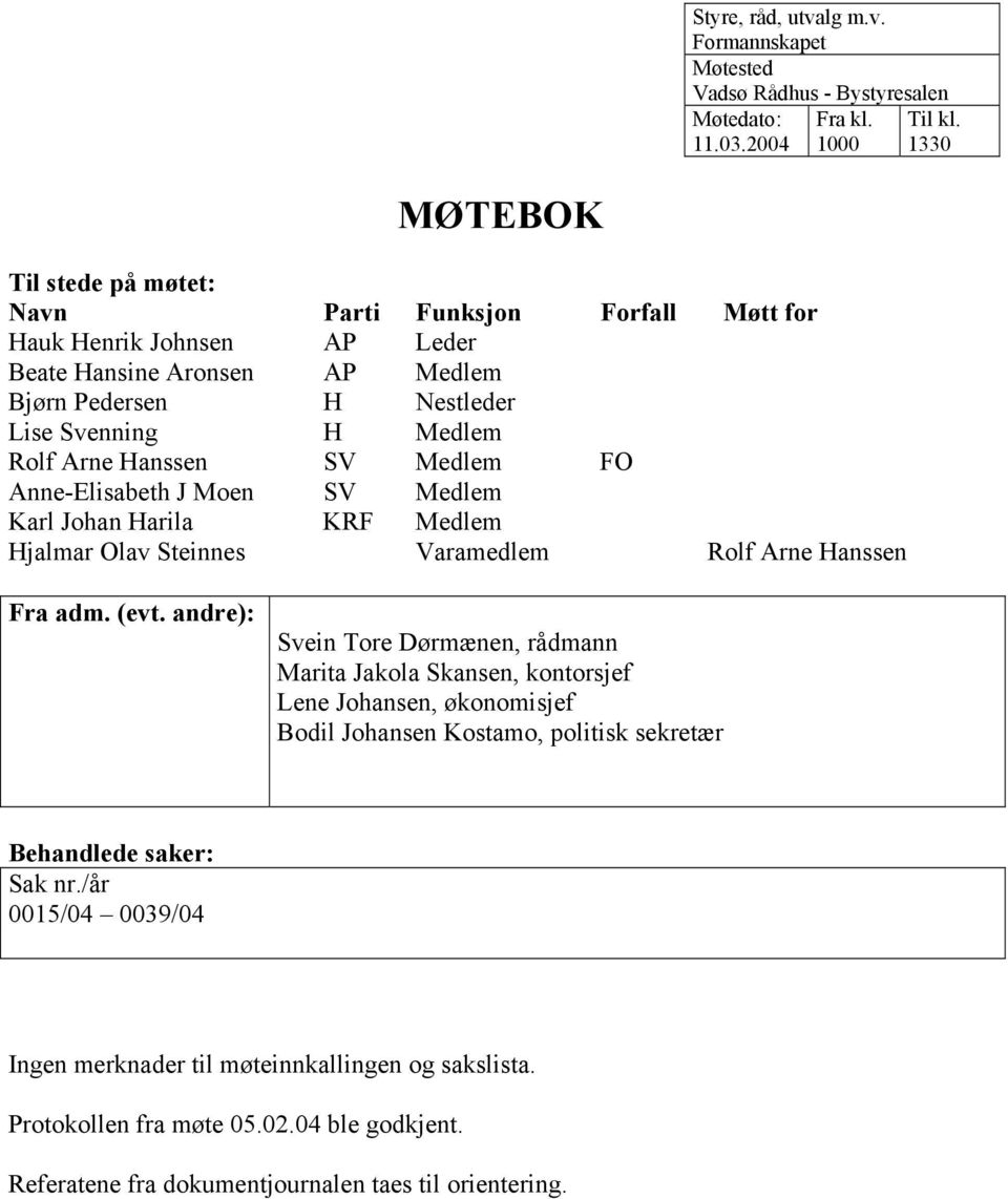 Hanssen SV Medlem FO Anne-Elisabeth J Moen SV Medlem Karl Johan Harila KRF Medlem Hjalmar Olav Steinnes Varamedlem Rolf Arne Hanssen Fra adm. (evt.