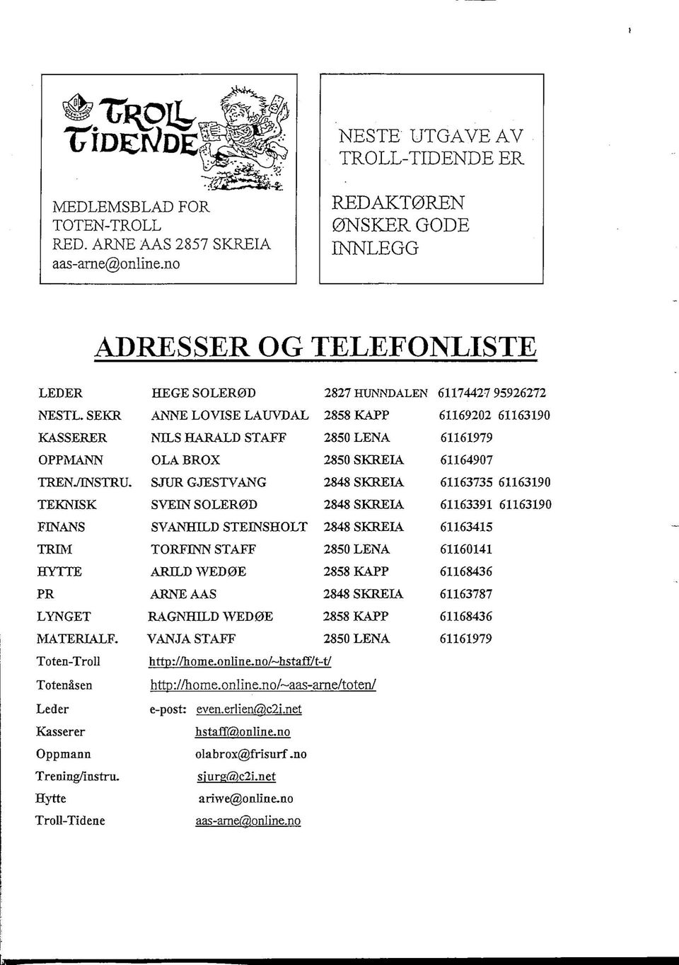 SEKR ANNE LOVISE LAUVDAL 2858 KAPP 61169202 61163190 KASSERER NILS HARALD STAFF 2850 LENA 61161979 OPPMANN OLA BROX 2850 SKRELV 61164907 TREN7INSTRU. SjrUR GJESTVANG 2848 SKKEU.