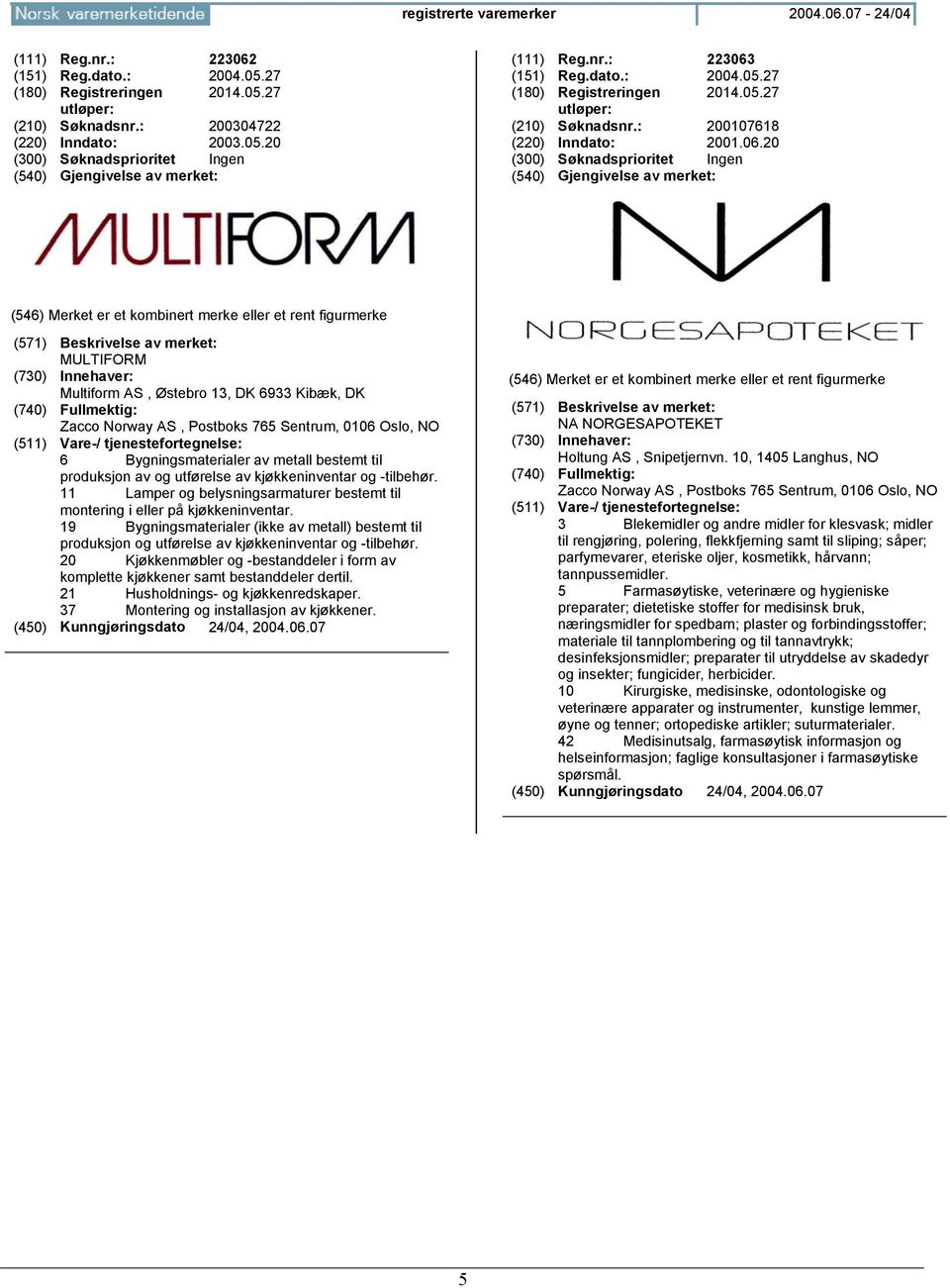 20 MULTIFORM Multiform AS, Østebro 13, DK 6933 Kibæk, DK Zacco Norway AS, Postboks 765 Sentrum, 0106 Oslo, NO 6 Bygningsmaterialer av metall bestemt til produksjon av og utførelse av kjøkkeninventar