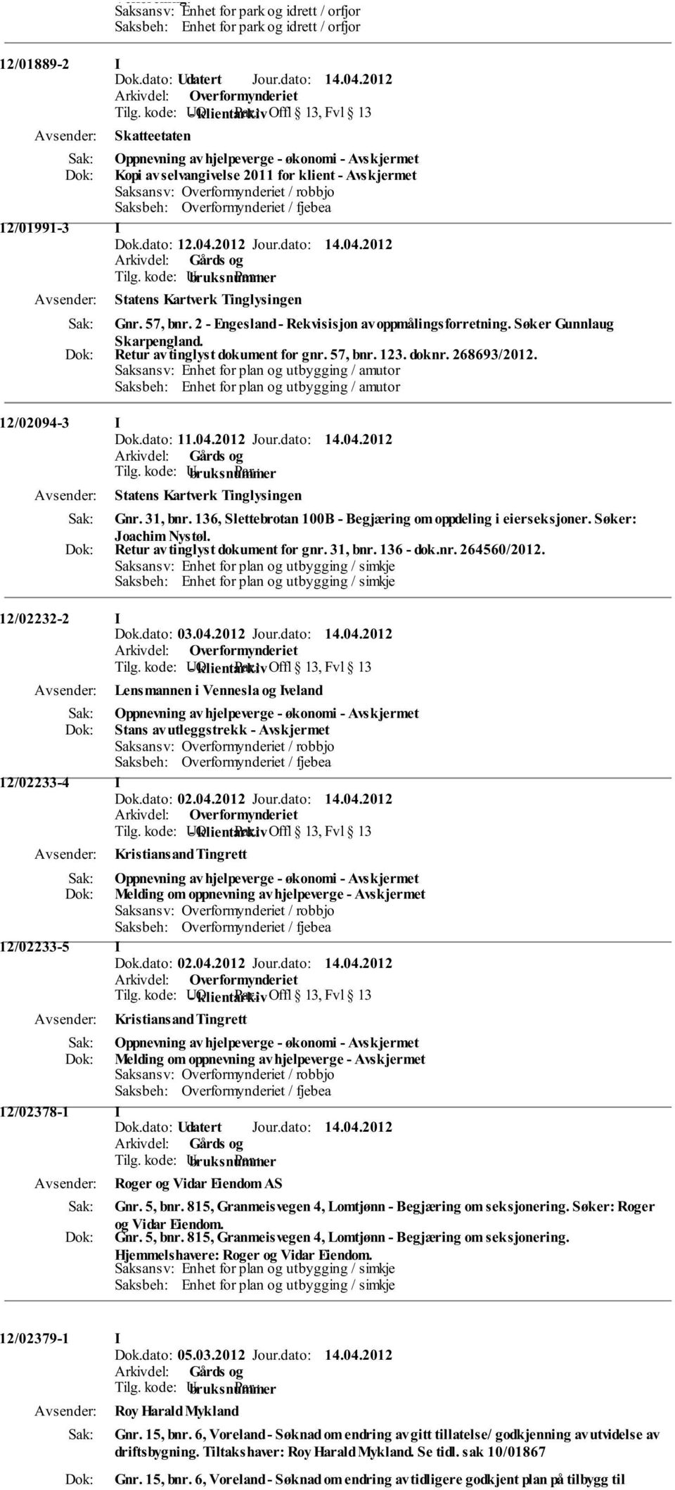 2 - Engesland - Rekvisisjon av oppmålingsforretning. Søker Gunnlaug Skarpengland. Retur av tinglyst dokument for gnr. 57, bnr. 123. doknr. 268693/2012.