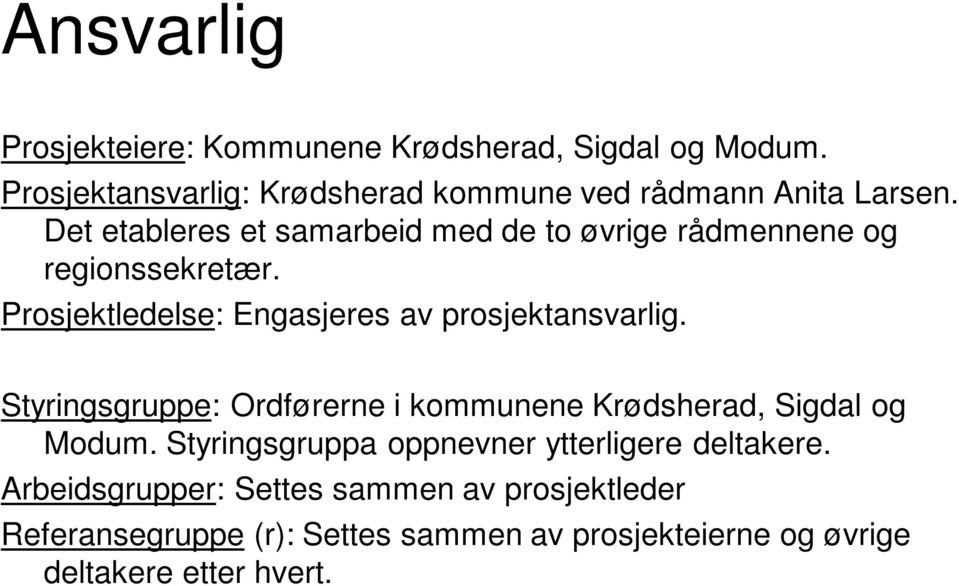 Det etableres et samarbeid med de to øvrige rådmennene og regionssekretær. Prosjektledelse: Engasjeres av prosjektansvarlig.