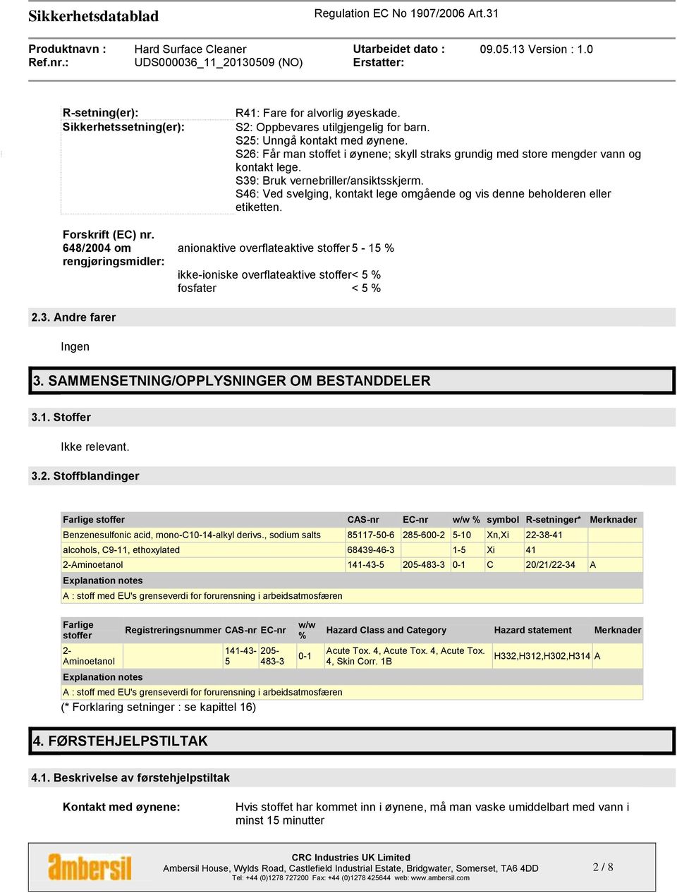 S46: Ved svelging, kontakt lege omgående og vis denne beholderen eller etiketten. Forskrift (EC) nr.