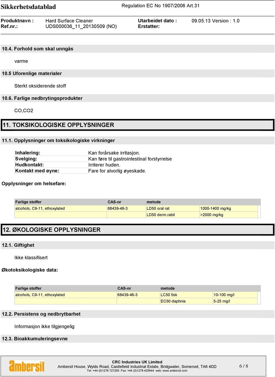 Opplysninger om helsefare: Farlige stoffer CAS-nr metode alcohols, C9-11