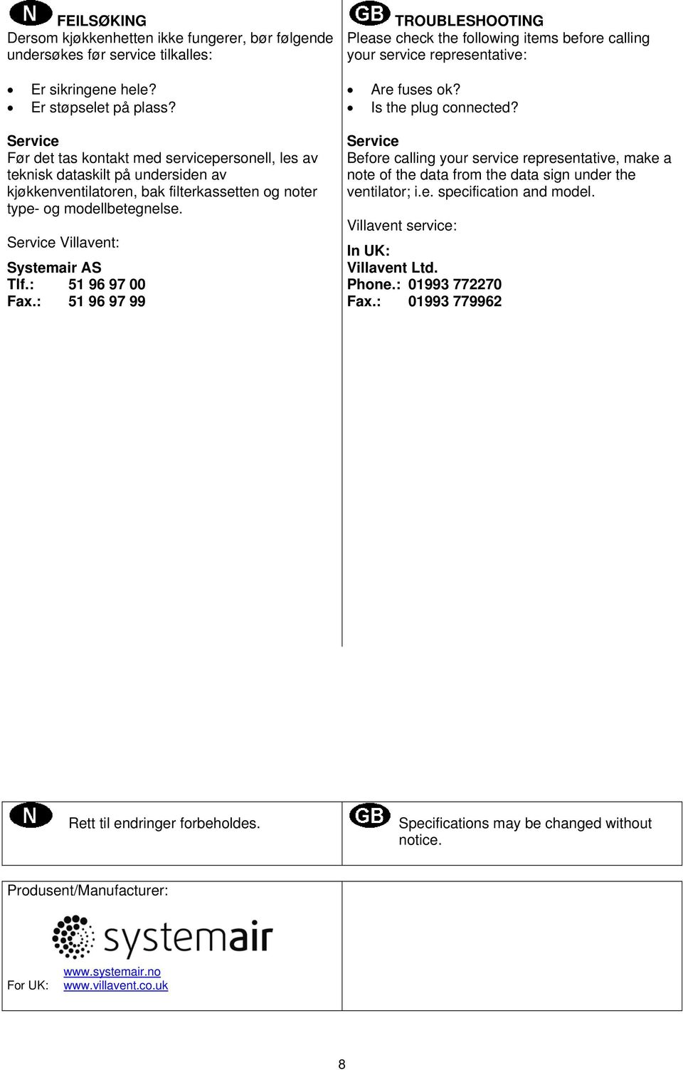 Service Før det tas kontakt med servicepersonell, les av teknisk dataskilt på undersiden av kjøkkenventilatoren, bak filterkassetten og noter type- og modellbetegnelse.