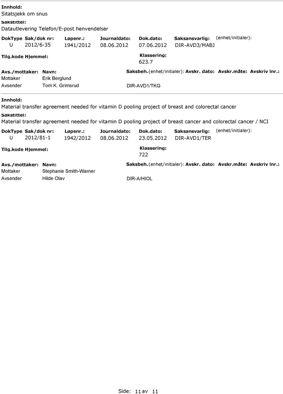 Grimsrud DR-AVD1/TKG Material transfer agreement needed for vitamin D pooling project of breast and colorectal cancer